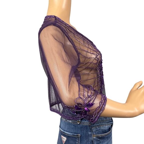 Vintage Y2K Beaded Sheer Jacket Floral Pattern Sequins Dark Purple Whimsygoth - Picture 2 of 8